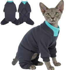T'CHAQUE Sticky Hair Cat Onesie on cat reduces shedding mess during daily play.
