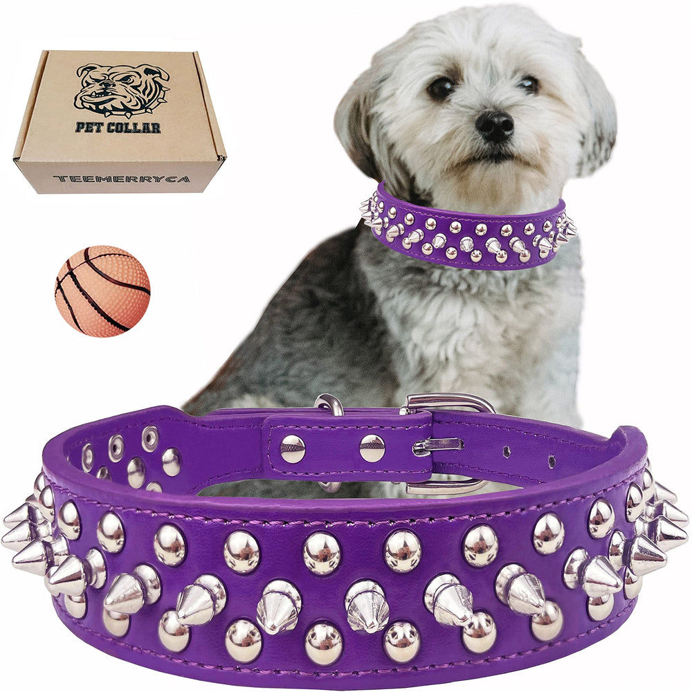 TEEMERRYCA adjustable spiked collar purple close-up shows durable PU leather