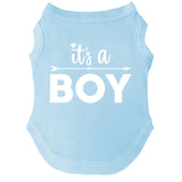 Tees & Tails It's a Boy dog tee, front view, soft blue sleeveless tee for daily wear.