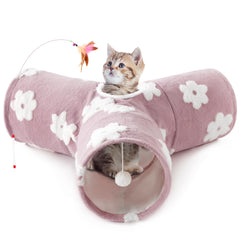Tempcore Flannel Cat Tunnel shows 3-way collapsible design for versatile play