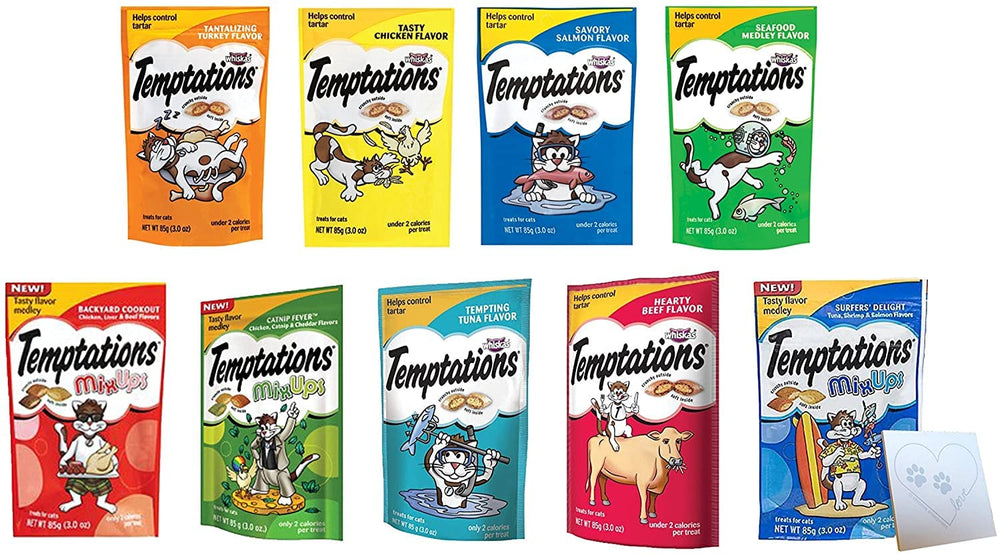 Temptations variety-pack outer box featuring nine cat treat flavors for daily snacking