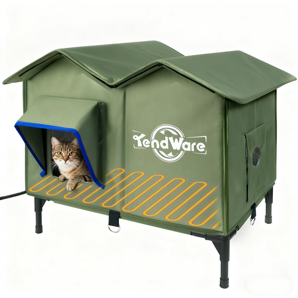 TENDWARE outdoor cat house heated entry demonstrates warmth for winter shelter.
