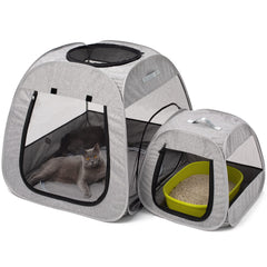 Tenrai Portable Cat Playpen front view highlights stable trapezoidal design for protected standing.
