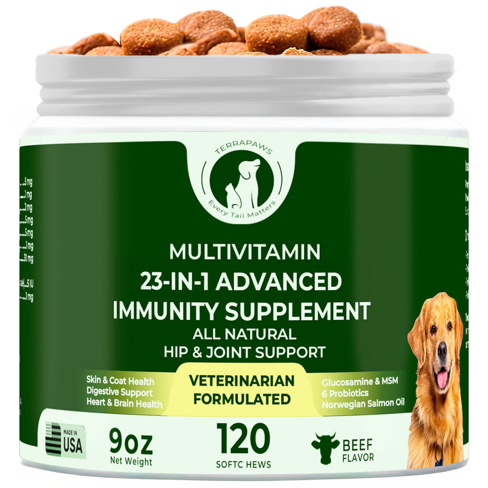 Terrapaws 23-in-1 multivitamin bottle with beef-flavored soft chews for daily dog wellness.