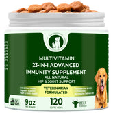 Terrapaws 23-in-1 multivitamin bottle with beef-flavored soft chews for daily dog wellness.
