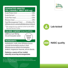 Terry Naturally Probiotic Daily chew-tablet closeup highlights tasty canine probiotic for digestion support.