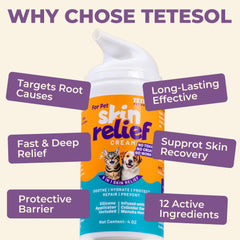 Tetesol Dog Skin Soother spot treatment on a dog paw for quick relief.