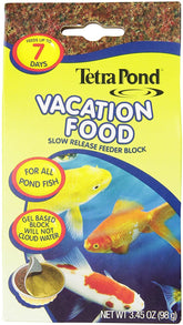 TetraPond Vacation Food Block packaging highlights travel-friendly, mess-free feeding options.