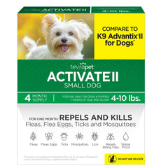 TevraPet Activate II dog flea tick treatment pack with four monthly doses for small dogs.