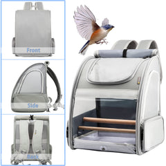 Texsens bird-carrier with upgraded tray emphasizes easy cleaning and stable standing perch access.