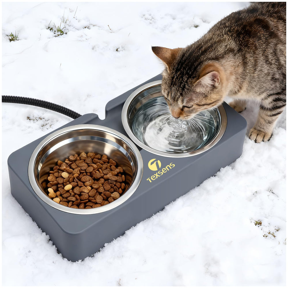 Texsens heated bowl outdoor setup keeps meals warm in winter.