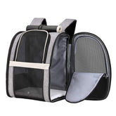 Texsens Pet Carrier Backpack side view shows privacy window blind for calm travel
