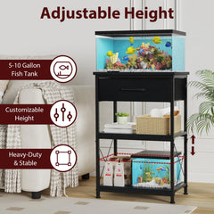 TFK 5-10 gallon stand height-adjustment with drawer open demonstrates adjustable setup benefits.