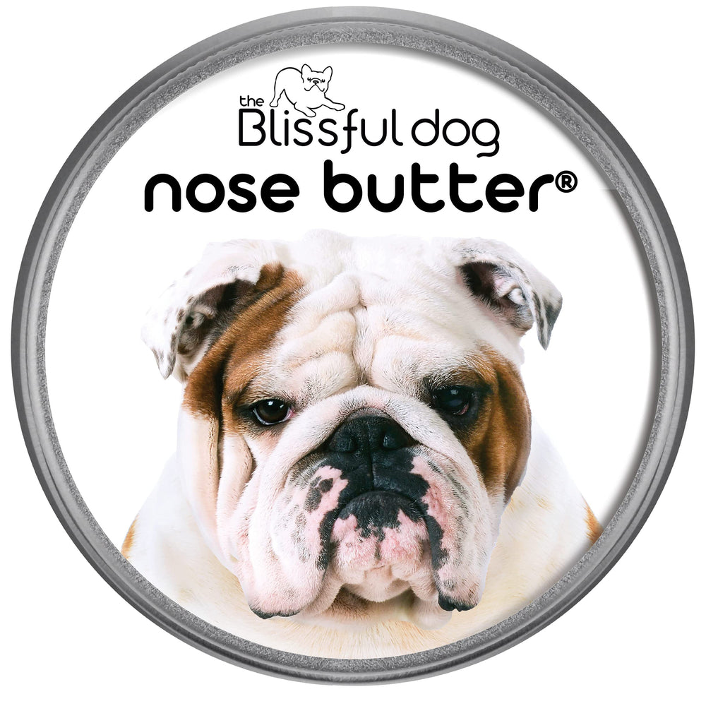 The Blissful Dog Bulldog Nose Butter packaging shows a lick-safe balm for gentle dog care.