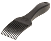 The CoatHook undercoat brush closeup shows gentle tines for safe deshedding.