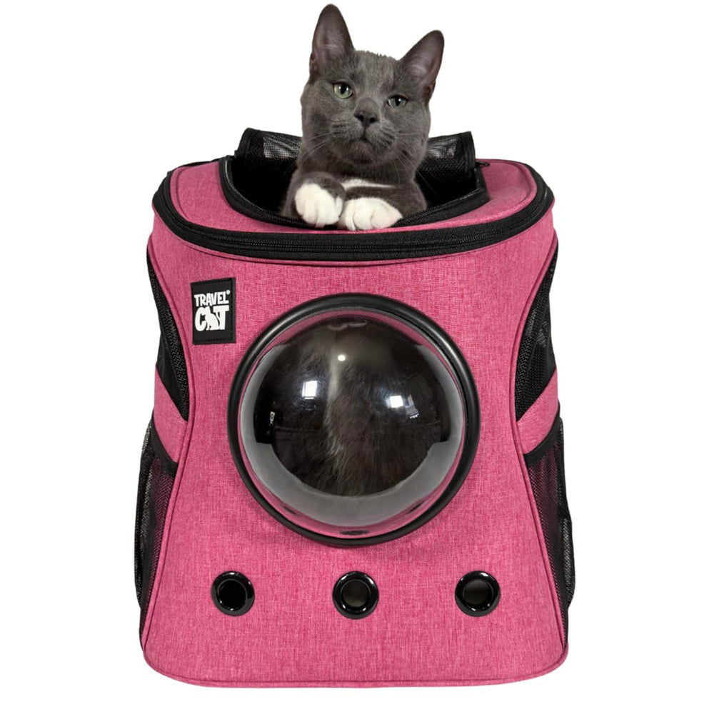 The Fat Cat backpack carrier front view shows spacious, travel-ready design for small cats, on-the-go convenience.