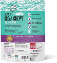 The Honest Kitchen Beams bag open reveals chewy grain-free fish skin treats.