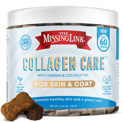 The Missing Link collagen care soft chews promote a glossy dog coat.