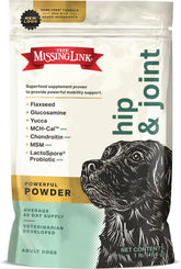 The Missing Link hip joint probiotic powder tub highlights omega-rich formula for joint support.