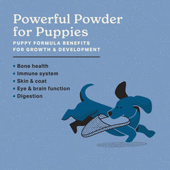 The Missing Link Puppy supplement bottle label detailing ingredients and usage.