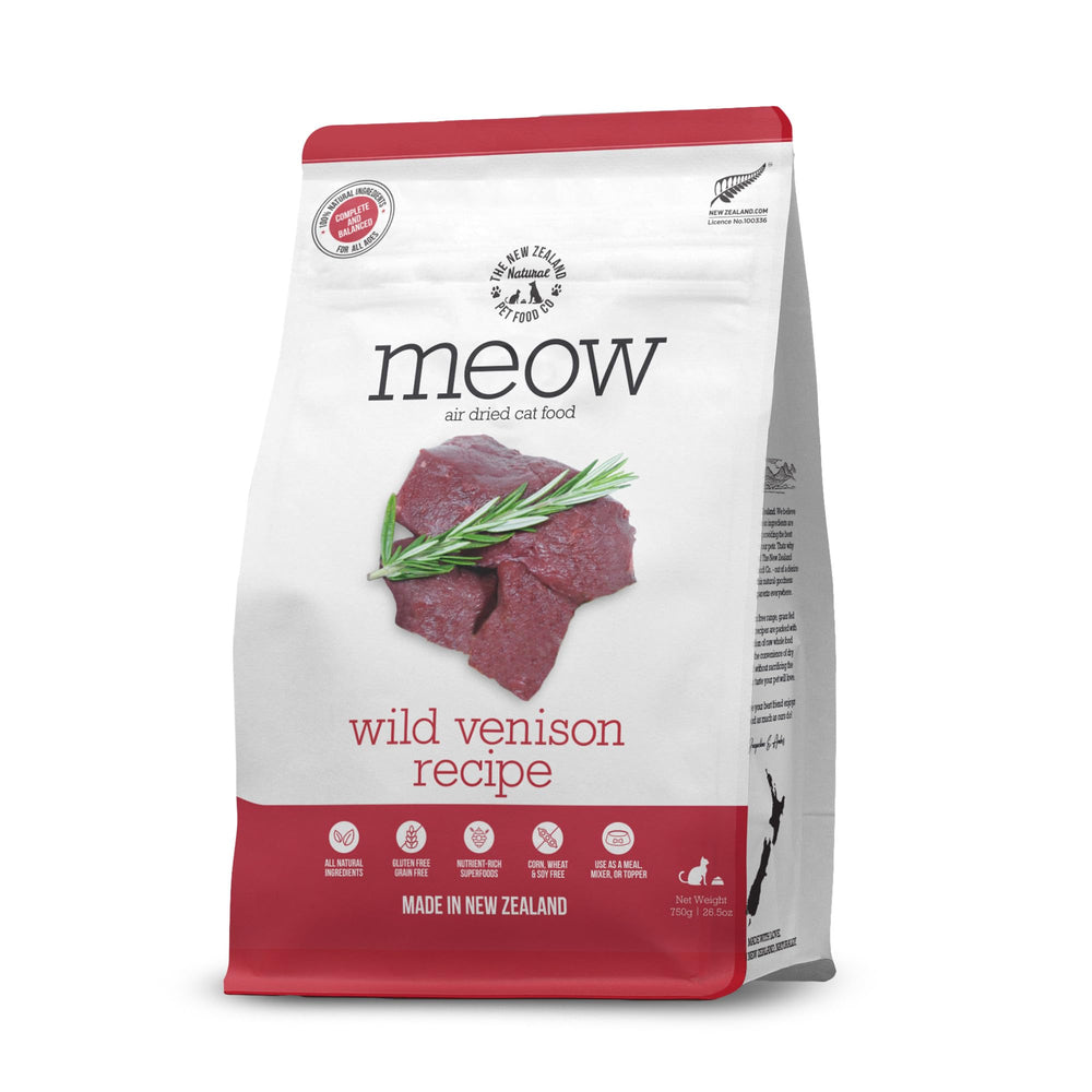The New Zealand Natural Pet Food Co Meow Venison air-dried bowl demonstrates a protein-packed meal option.