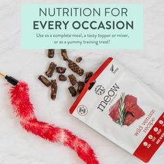 The New Zealand Natural Pet Food Co Meow Venison protein image shows high-protein cat food benefits.