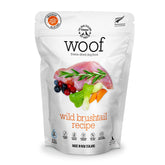 The New Zealand Natural Pet Food Co WOOF freeze-dried bag highlighting Wild Brushtail recipe for complete meals