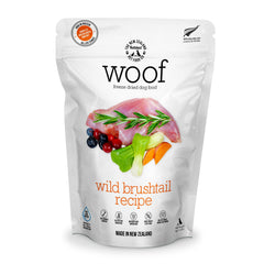 The New Zealand Natural Pet Food Co WOOF freeze-dried bag highlighting Wild Brushtail recipe for complete meals