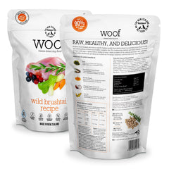 Close-up of Woof Wild Brushtail freeze-dried pieces showing texture and protein