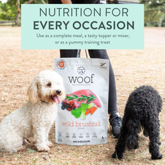The New Zealand Natural Pet Food Co Woof Wild Brushtail packaging highlights small-batch NZ sourcing