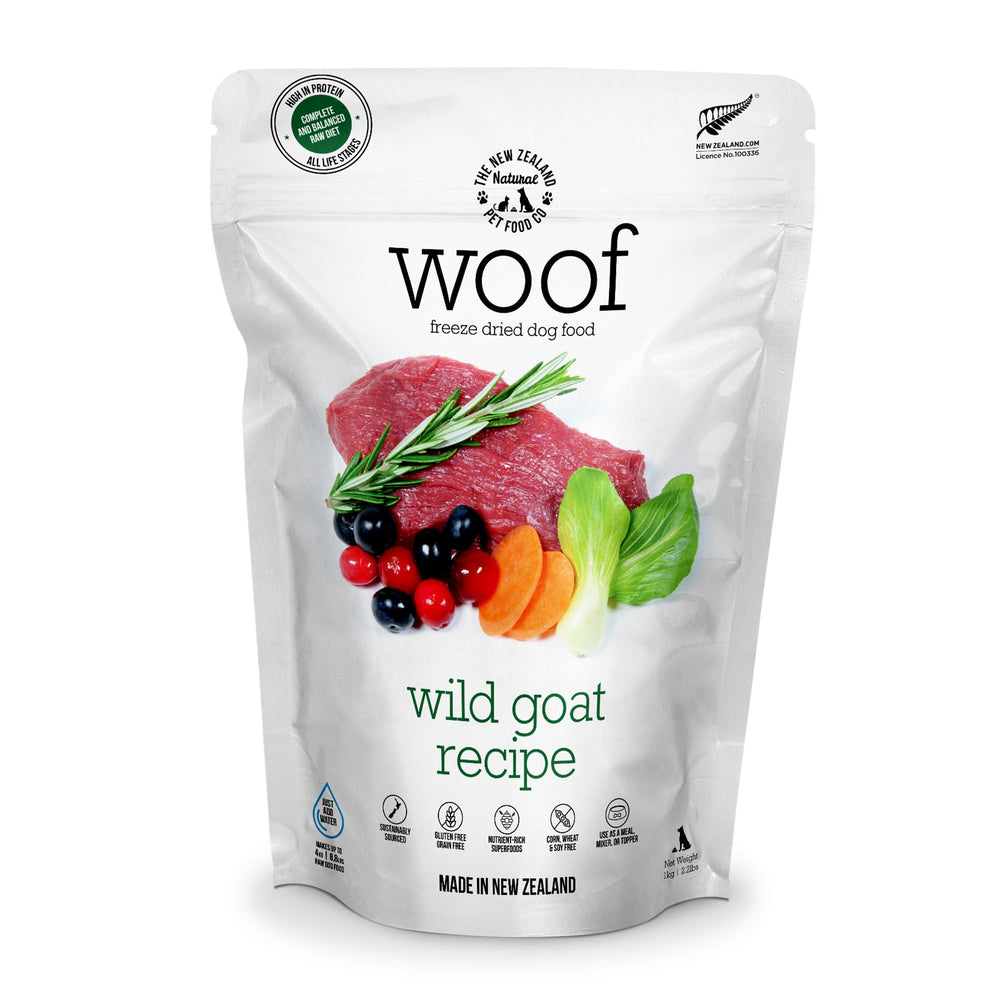 The New Zealand Natural Pet Food Co WOOF bag closeup, premium freeze-dried nutrition for daily meals.