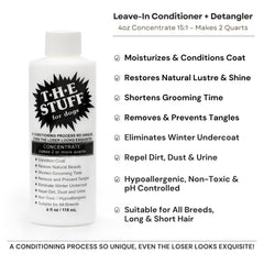 The Stuff leave-in dog conditioner label closeup shows gentle detangling formula.
