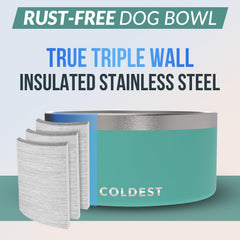The Coldest Water colddogbowl triple-wall insulation maintains water temperature during meals.