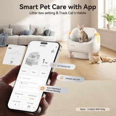 Thereye self-cleaning cat litter box safety-sensors depicts infrared and weight sensing for safe operation.