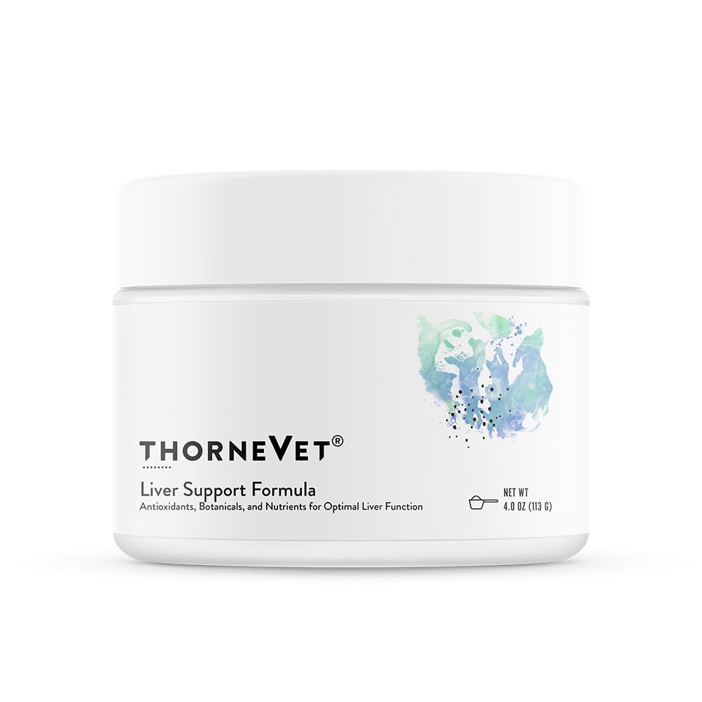 ThorneVET Liver Support Powder bottle label shows liver health benefits for dogs and cats.