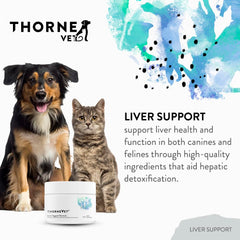 ThorneVET Liver Support Powder tub with dosing spoon helps convenient daily administration.