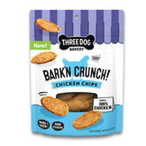 Three Dog Bakery Bark’N Crunch Chicken Chips bag front shows USA made single-ingredient dog treats