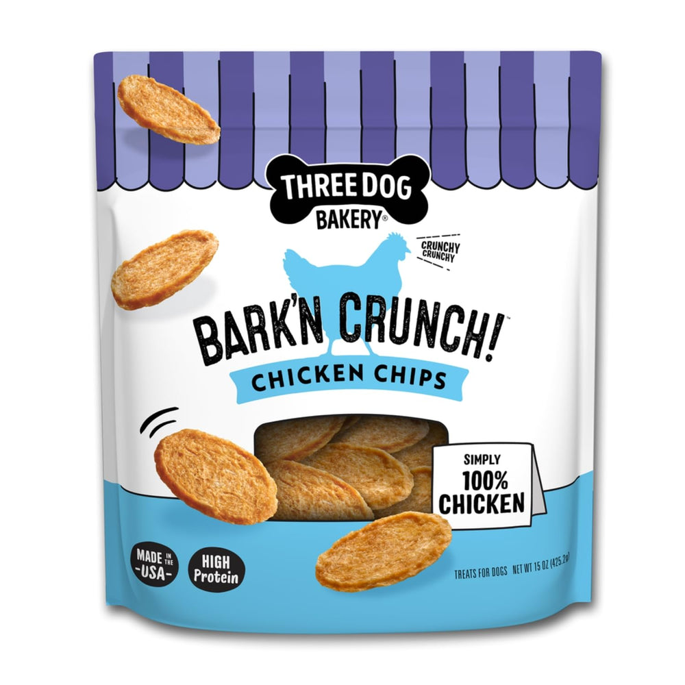Three Dog Bakery Bark’N Crunch Chicken Chips bag view with crunchy, high-protein dog treats.
