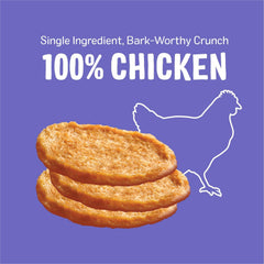 Three Dog Bakery Bark’N Crunch Chicken Chips closeup meat emphasizes real chicken for high-protein rewards.