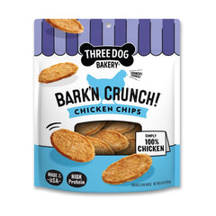 Three Dog Bakery Bark’N Crunch Chicken Chips front bag highlight single-ingredient, USA-made dog snack for simple treats.