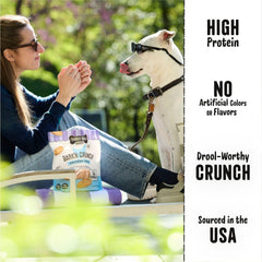 Three Dog Bakery Bark’N Crunch Chicken Chips USA label emphasizes origin of air-dried, quality ingredients.