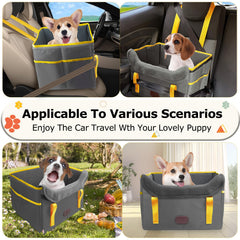 ThreeDokke dog car seat side view highlights waterproof fabric and leash clip