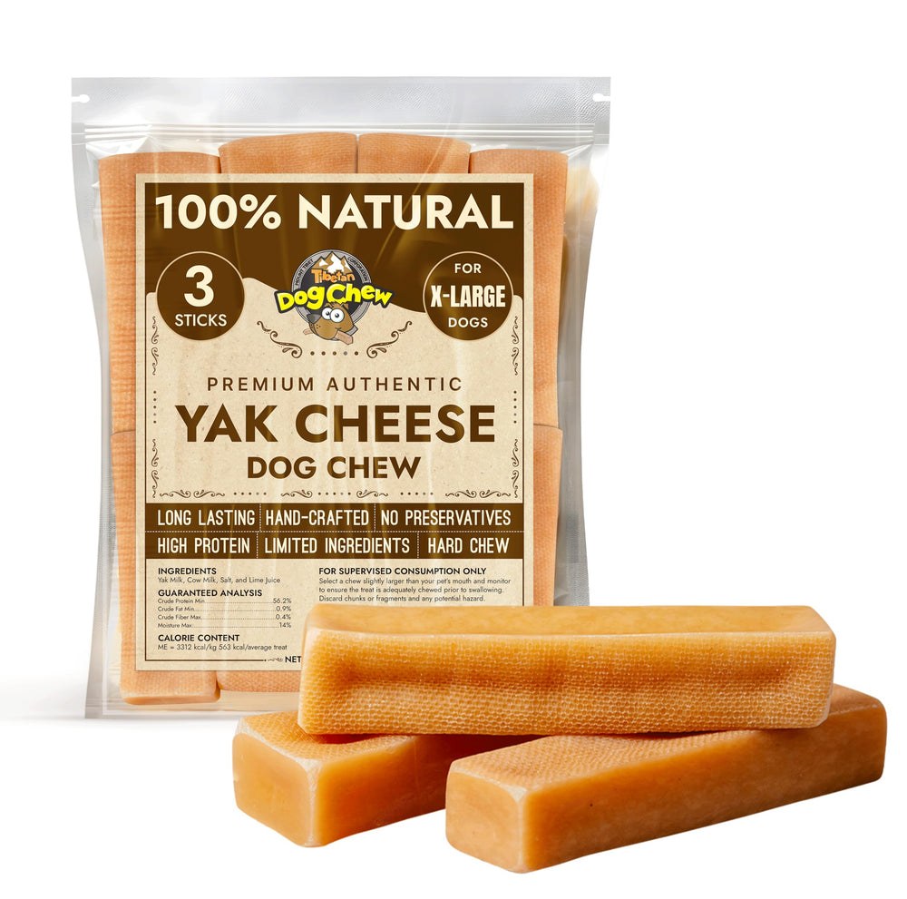 Tibetan Dog Chew Yak Cheese Sticks packaging highlights premium ingredients for long-lasting enjoyment