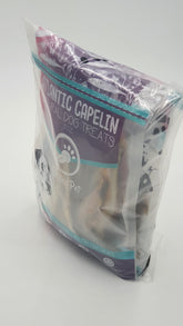 TickledPet Whole Capelin 3-Pack packaging close-up showing single-ingredient air-dried treats for dogs.