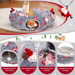 Tidjani cat tunnel includes hanging toy ball for scratching and batting fun.