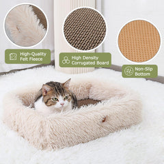 TIGOADT Fluffy Cat Scratcher Lounge Box beige removable cardboard enables longer dual-sided scratching