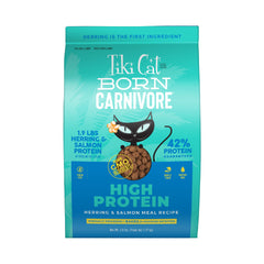 Tiki Cat Born Carnivore dry bag with herring and salmon focus for meat-forward meals.