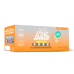 Tiki Cat Silver Pate variety pack cans for senior cats with balanced nutrition.