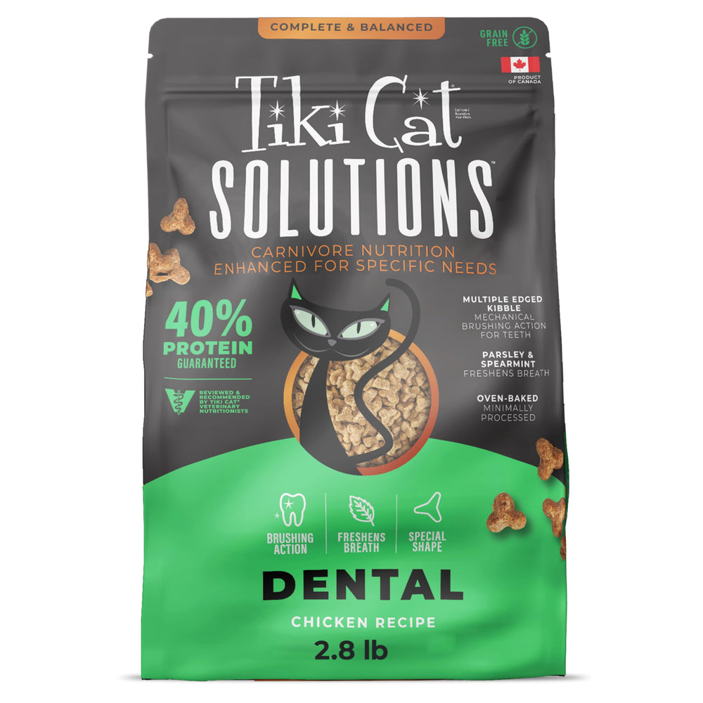Tiki Cat Solutions dental kibble chicken closeup supports dental health with crunchy texture.