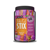 Tiki Cat Stix Mousse Treats mega jar label highlights protein-rich snack.